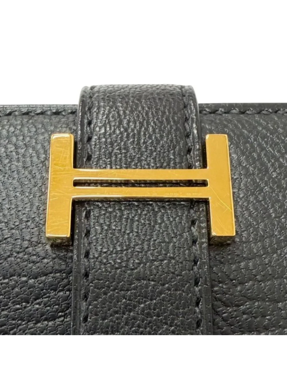 Hermes Bearn Souffle Chevre Logo Gold Wallet Leather Black